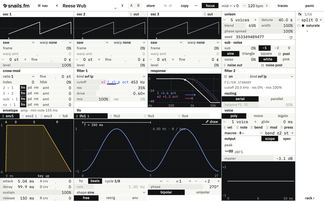 the synth board: three oscillators, filters, envelope and LFO plots, unison, voice and output modules